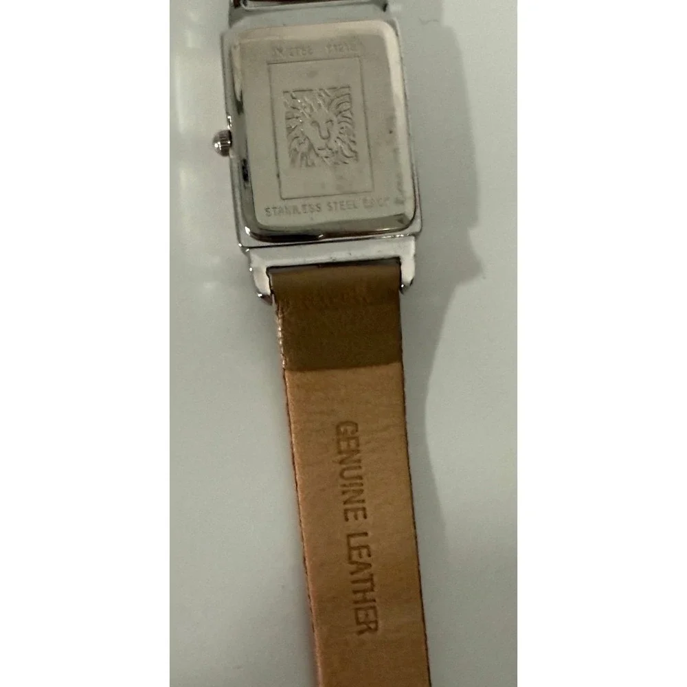 Anne Klein Rectangle‎ Watch Women Silver Tan Leather Band Excellent Minimalist